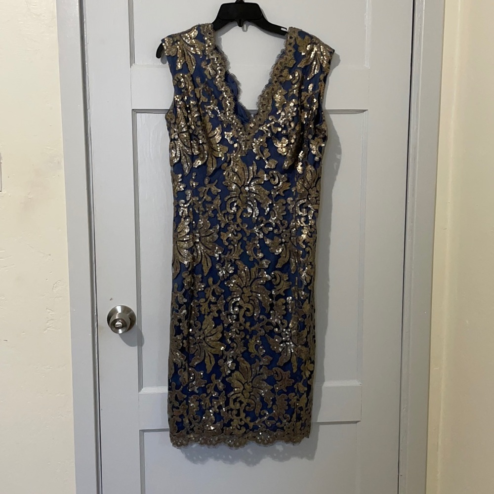 Tadashi shoji blue and gold dress
